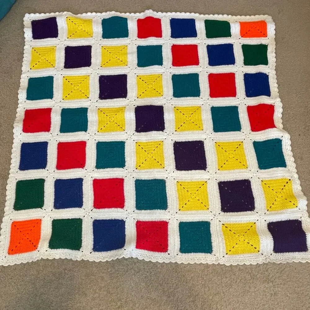 Vintage Granny Square Handmade Crochet Afghan Blanket Throw 58